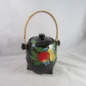 Footed Biscuit Jar Black Glazed Terracotta Fruit Motif Japan Wicker Handle